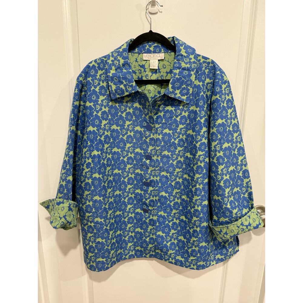 Elana By Tanner Blue / Green Cotton Silk Floral Pattern Jacket Size 24 Luxurious